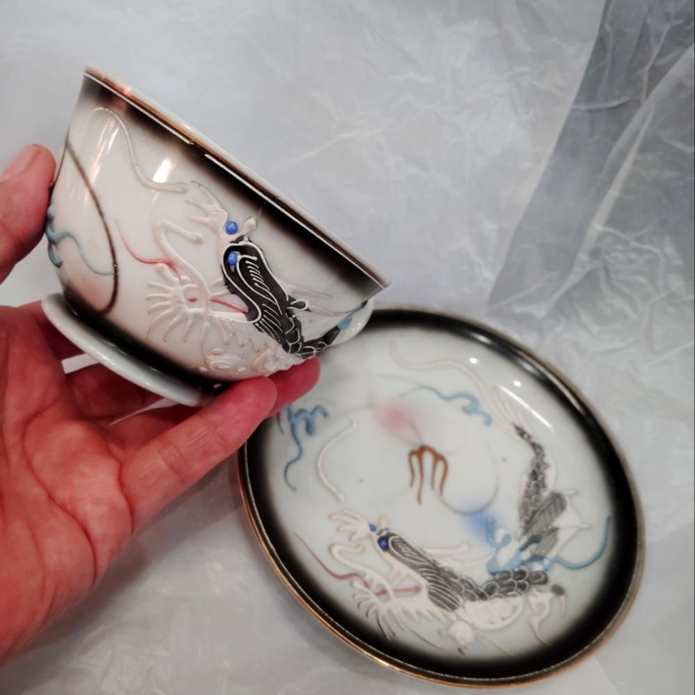 Vintage  BP Japanese geisha Kutani dragonware cup and saucer set.